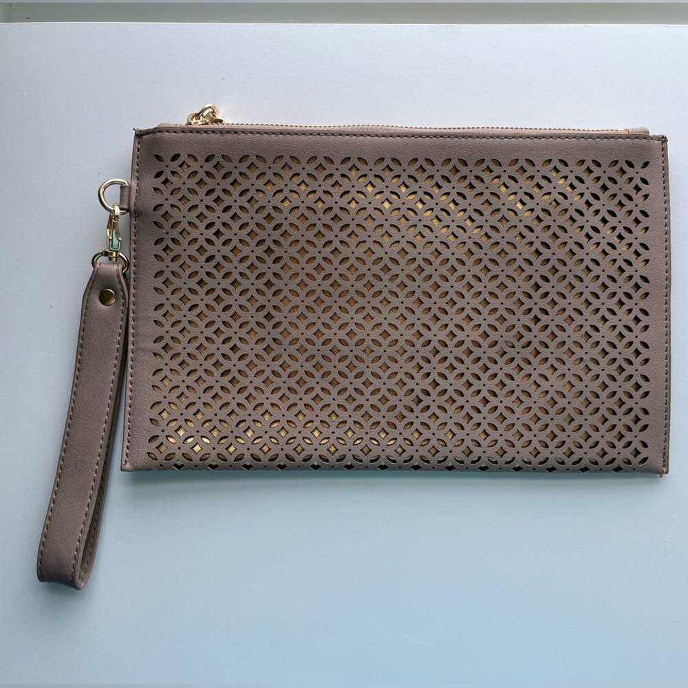 Madison West Taupe Faux Leather Double Layer with Gold Clutch